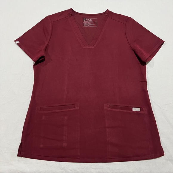 Figs Tops - FIGS Womens Burgundy Casma Three-Pocket V-Neck Medical Scrub Top Small